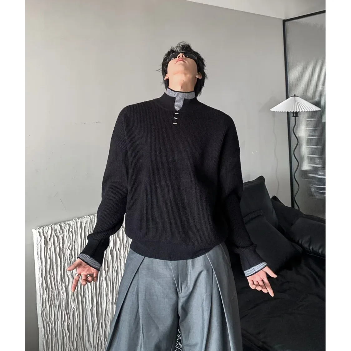 

Casual High Collar Double Layer Color Blo Simple Sle Men's Knitted Sweater Autumn Faion Loose Fit Breathable Polyester
