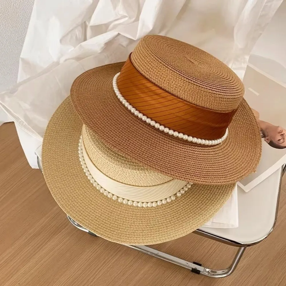 New French Hepburn Style Straw Hat Solid Color UV Protection Pearl Chain Hat Straw Weaving Breathable Flat Sun Hat Summer Season
