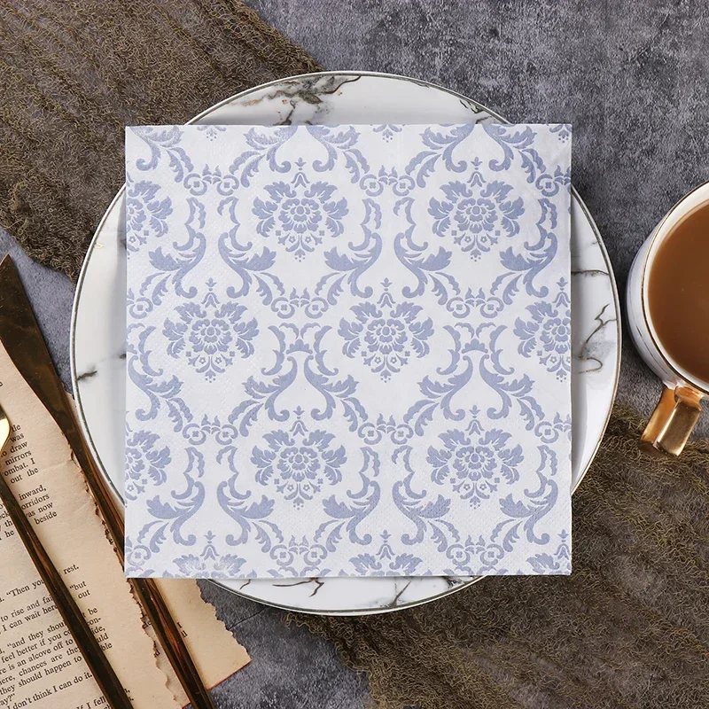 Chinese Elements Blue Gold Silver Flower Pattern Celadon Napkin Paper Tissue Pure Wood Pulp Paper Party Mouth Cloth 20pcs/Pac