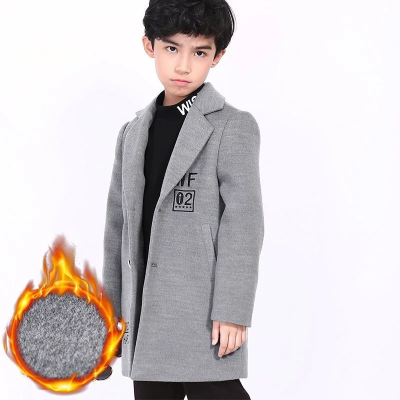 Boys Woolen Coat Overcoat Jacket Windbreak 2024 Stylish Warm Plus Thicken Autumn Winter Cotton School Children's Clothing