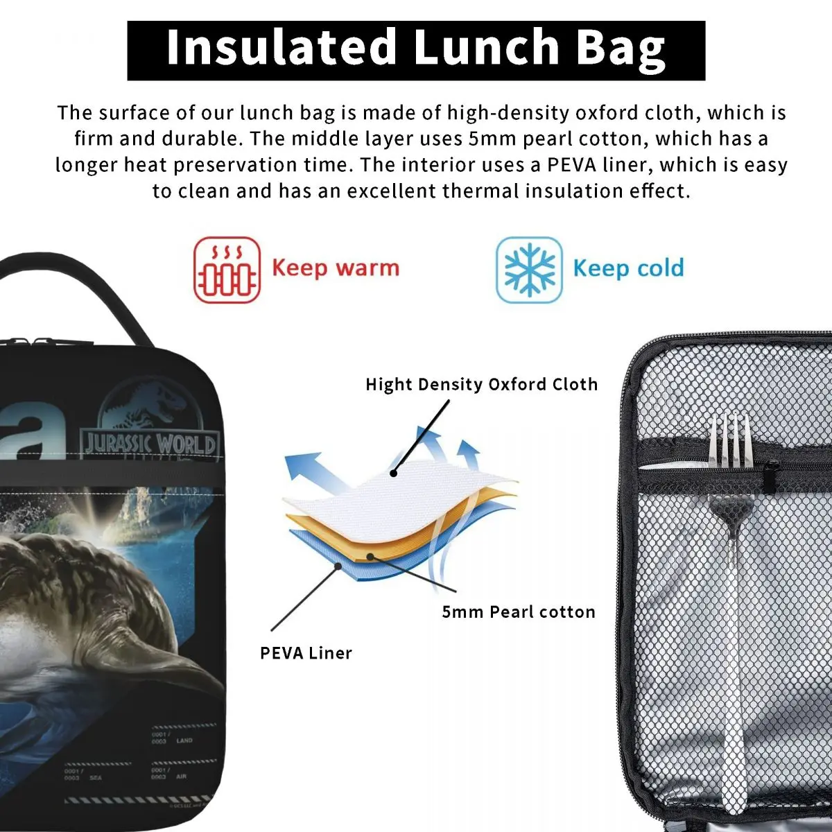 Bolsa de almuerzo Jurassic World Rebirth Mosasaurus Sea Dinosaurio, fiambrera portátil con cremallera, bolsa refrigeradora de diseño gráfico de viaje Unisex