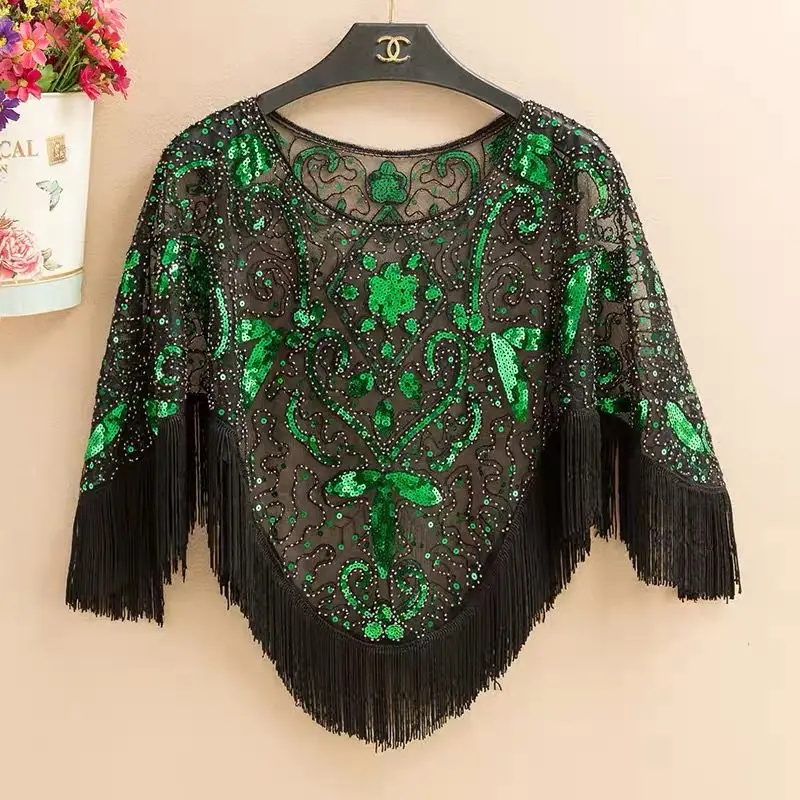 Cape Batman Top New Blouse Women\'s Summer Mesh Sunscreen Clothing Lace Large Size Loose Fringed Pullover Shawl