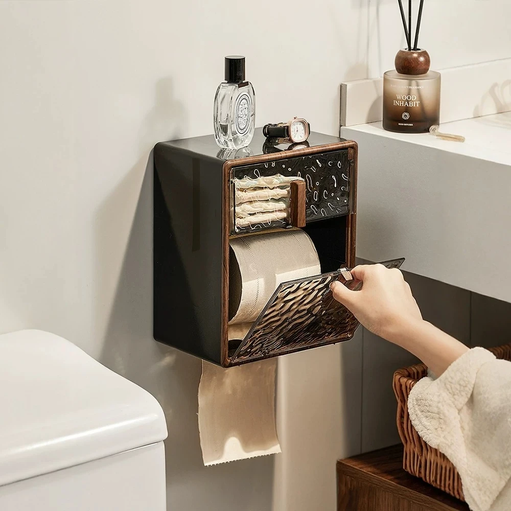 Luxury waterproof wall-mounted toilet paper holder, elegant roll tissue storage rack for home bathroom and restroom decoration.