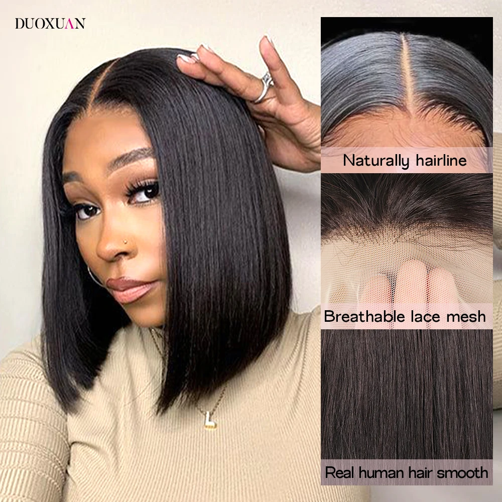 Perruque Bob Lace Front Wig naturelle lisse, cheveux courts, 10 pouces, pre-plucked, pour femmes africaines