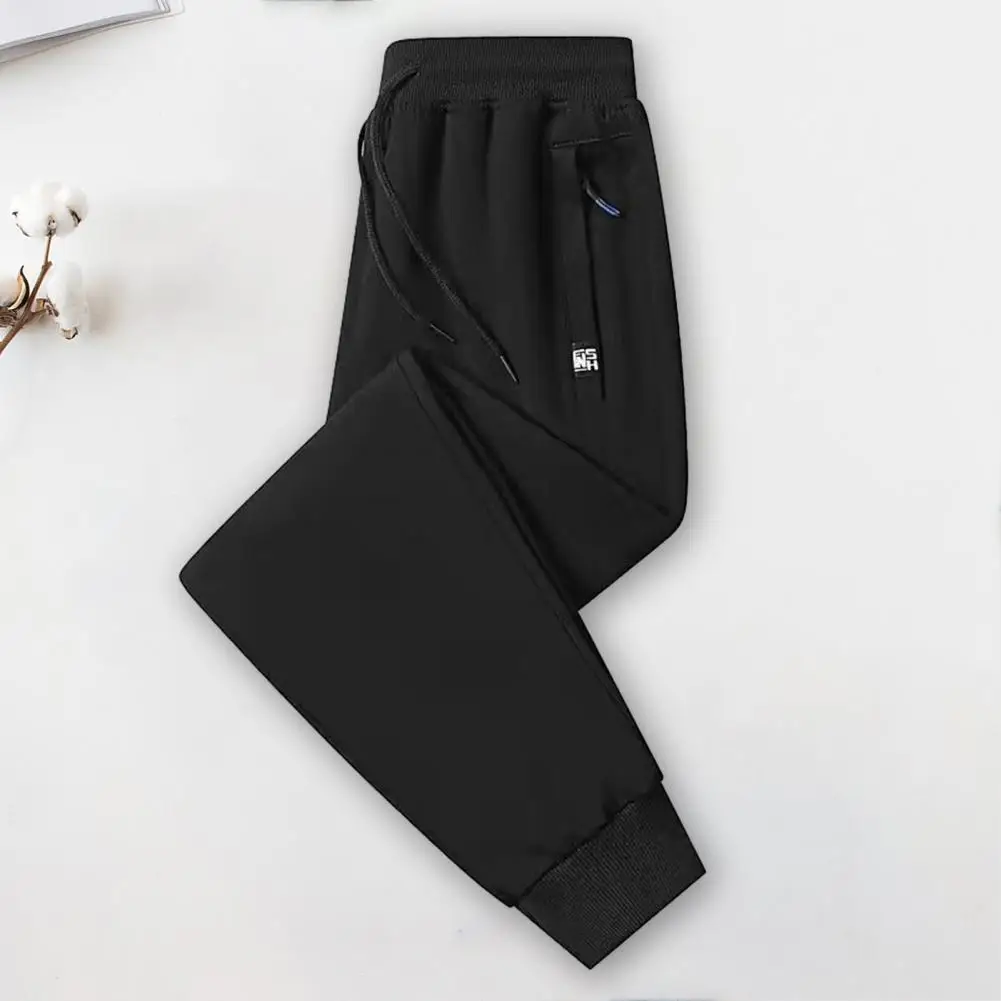 Men Pants Drawstring Elastic Waist Soft Warm Men Trousers Casual Ankle-banded Zipper Pockets Loose Spring Fall Sports Sweatpants