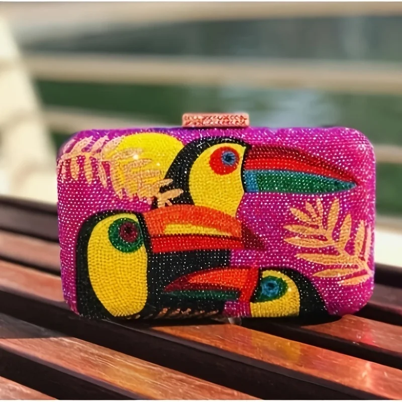 Alirattan Women Toucan Bird Rhinestone Box Clutch Evening Bag Crystal Diamond Chain Minaudiere Purse Novelty Handbag for Party