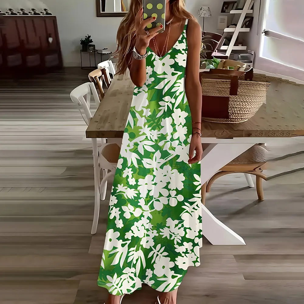 

Summer Dress Ladies Fashion Floral Digital Print Spaghetti Strap Dress Ladies Plus-Size Hawaiian Beach Vacation Casual Dress