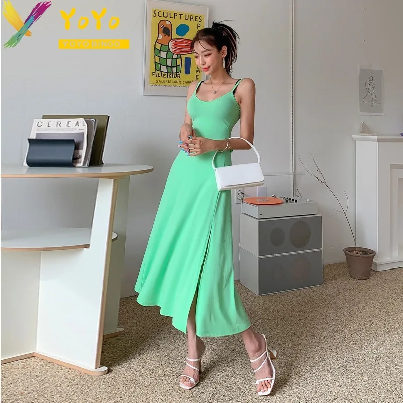 Fashionable and Sexy Green Paghetti StrapV Collar Split A-line Dress 2024 Summer Elegant Slim Bodycon Chic Party Ankle Dress