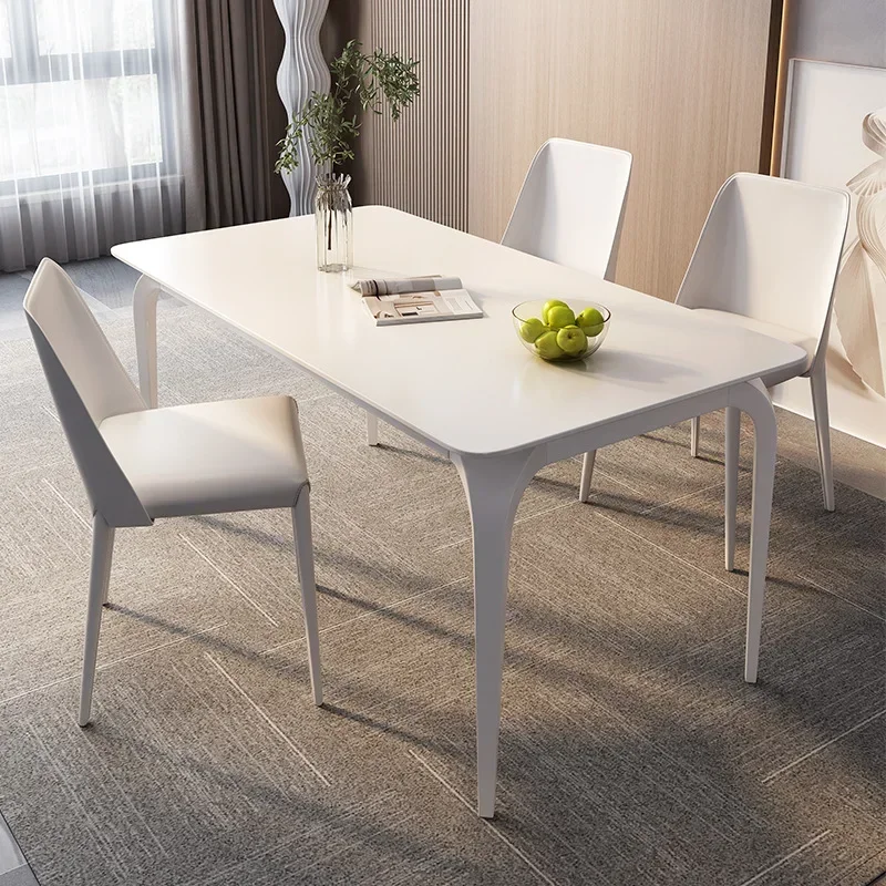 TAO Cream style pure white slate dining table and chairs light luxury Italian rectangular high-end