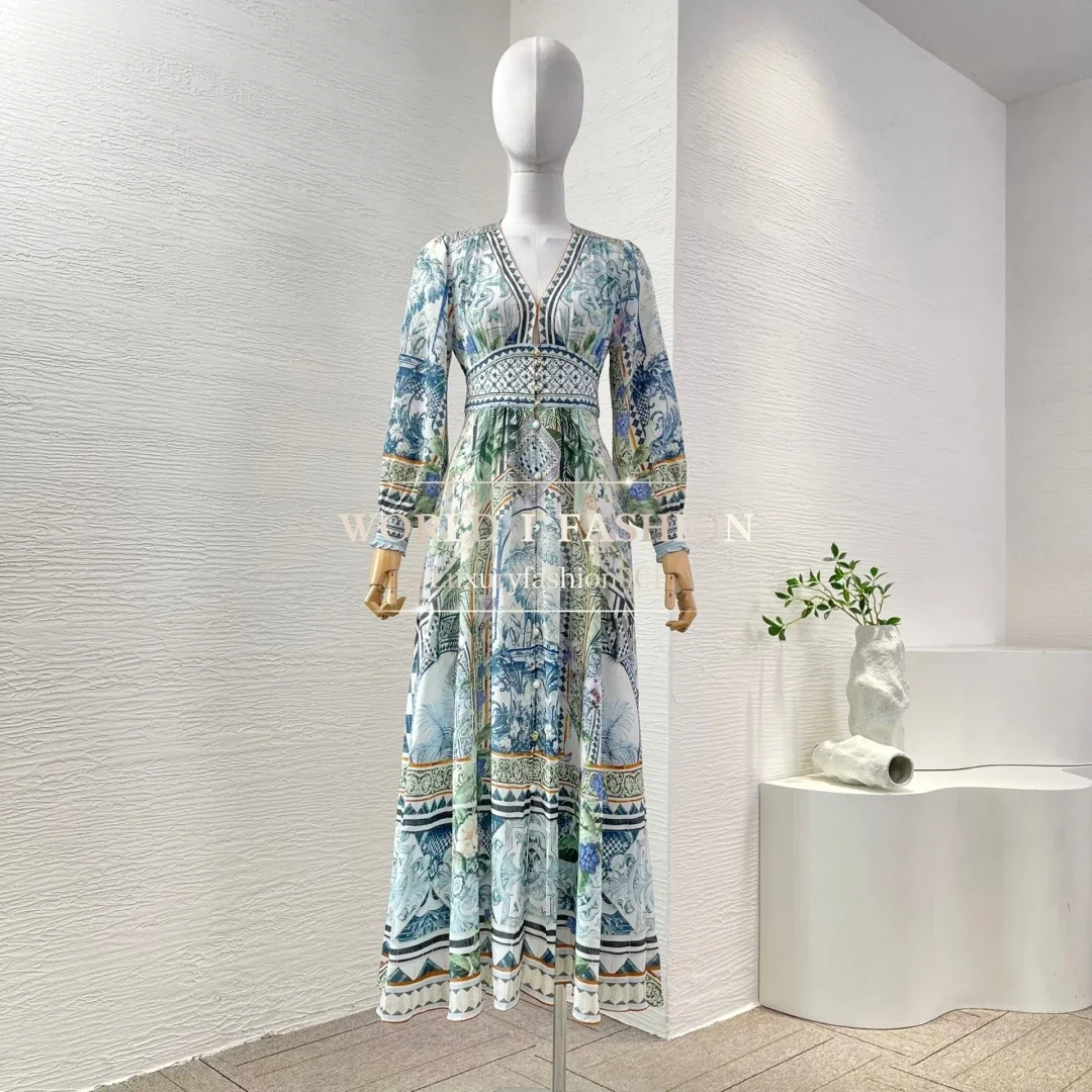 

2025 Silk New Beautiful Blue Floral Print Long Sleeve Pleat V Neck Midi Dress