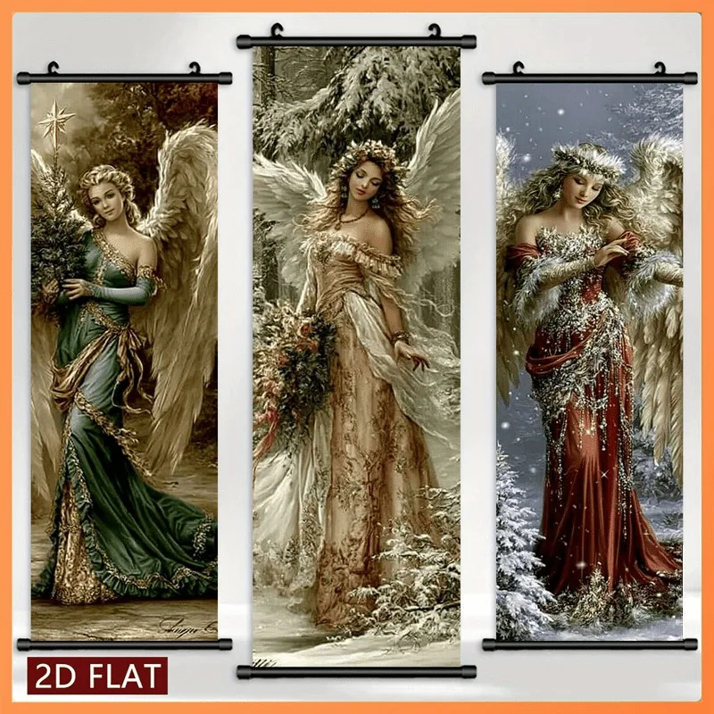 VIKAMA Christmas 3-Piece Wall Banner Set, Artistic Angel Figure Classical Scroll Tapestry for Xmas Living Room Decor