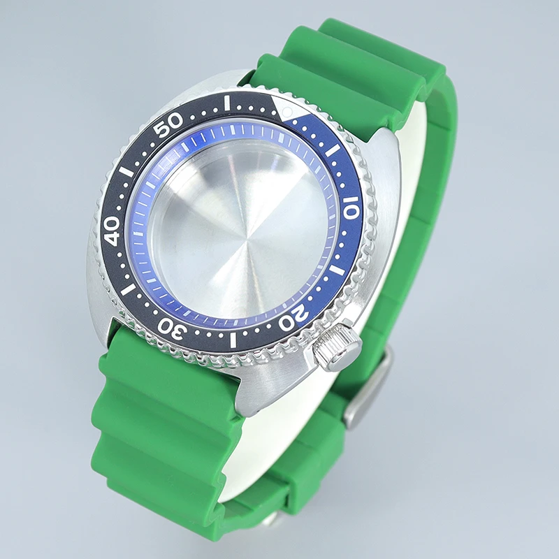 

45mm 6105 6309 Watche Case Green Rubber Strap Sapphire Fit Tuna Turtle Seiko NH35 NH36/34 Movement 28.5mm Dial blue chapter Ring