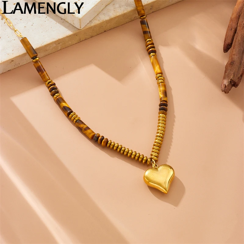 LAMENGLY 316L Stainless Steel Amber Beads Solid Heart Pendant Necklace For Women Girls Retro Trendy Non-fading Neck Chain Gift