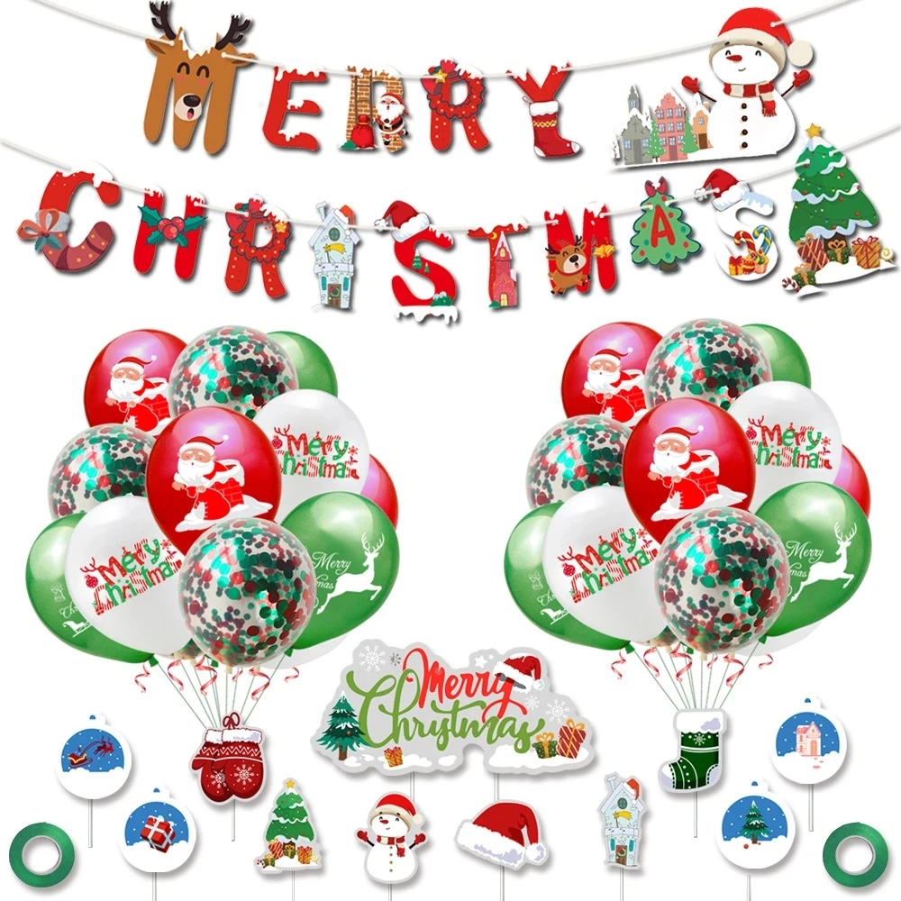 34pcs Christmas Birthday Party Decorations Banners Cake Toppers Santa Claus Print Balloons for Christmas Theme Party Decor