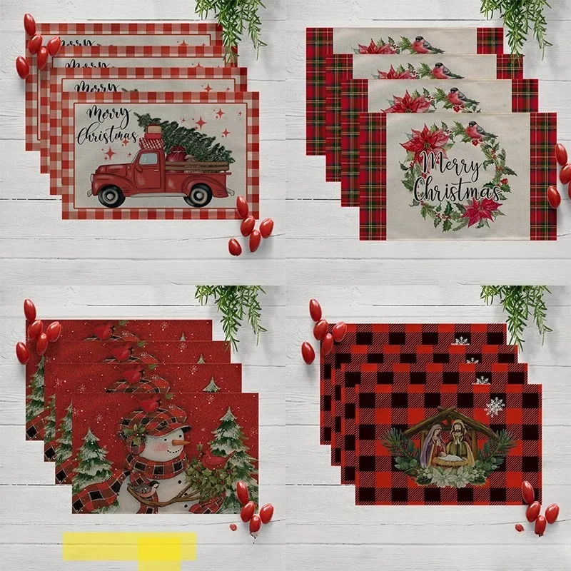 Christmas Theme Plant Red Printed Placemat Linen Kitchen Table Mat Coffee Machine Decor Non-slip Pad