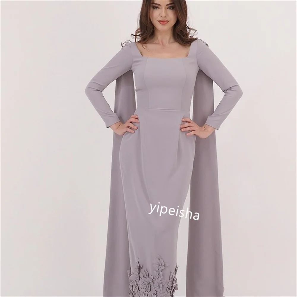  Evening Jersey Applique Button Party A-line Square Neck Bespoke Occasion Gown Midi Dresses   