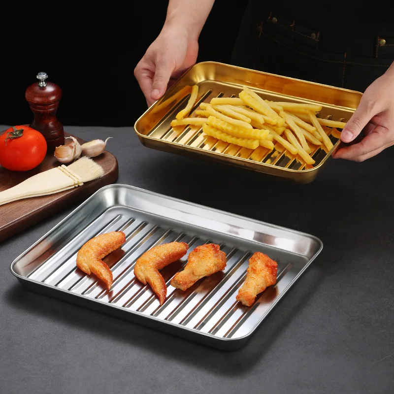 Stainless Steel Food Storage Trays Thicken Kitchen Baking Shallow Dish Rectangle Barbecue Cake Fruit Serving Plate