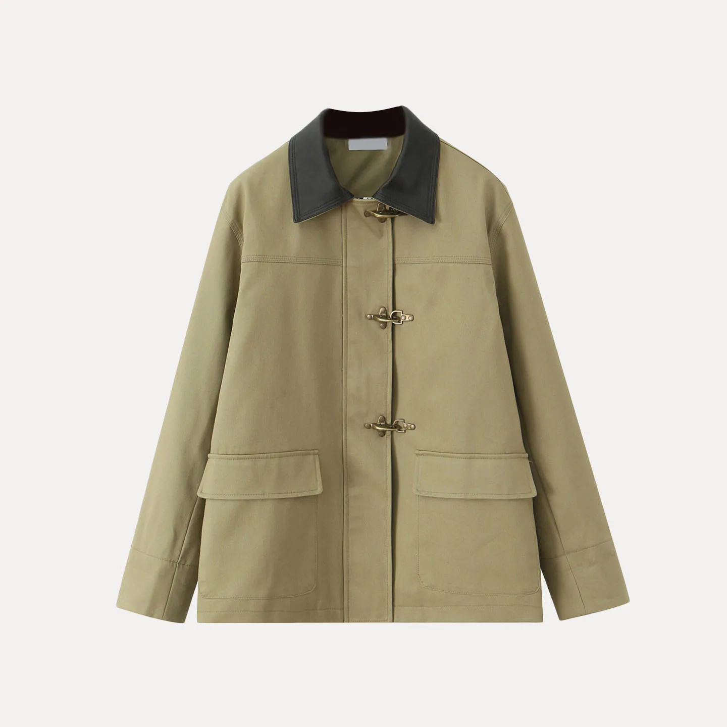 Faionable Retro Workwear Cotton Jaet with Leather Collar Ladies Coat Stand Fit Long Sve Button up Pure Color