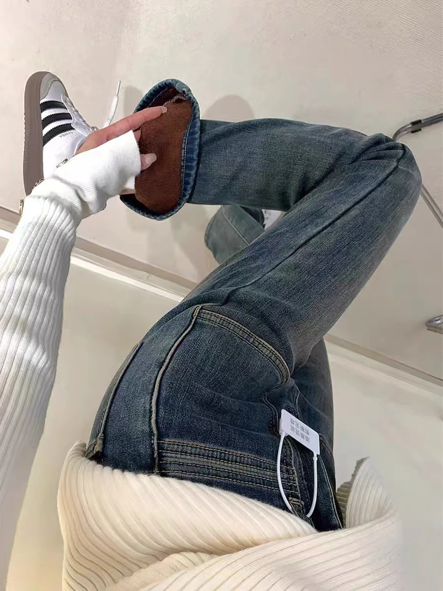 

plus Size Fce Lined Thiened Micro Flared Jeans Women Winter High Waist Slim Straight Leg Wide Leg Ankle Length Pants
