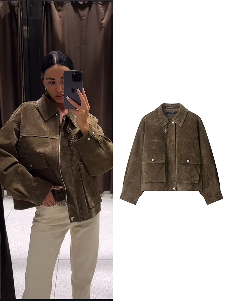 

Женские свободные пальто с длинными рукавами и большими карманами с отложным воротником на молнии, повседневная уличная одежда, женские осенние шикарные куртки-бомберы, новинка 2023 года