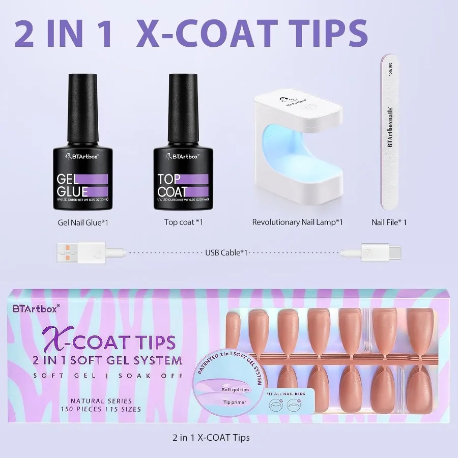 Punte per unghie in gel morbido marrone con 150 pezzi Unghie finte medie Colla per unghie in gel Top Coat Lampada per unghie Stampa precolorata sulle unghie per unghie fai da te