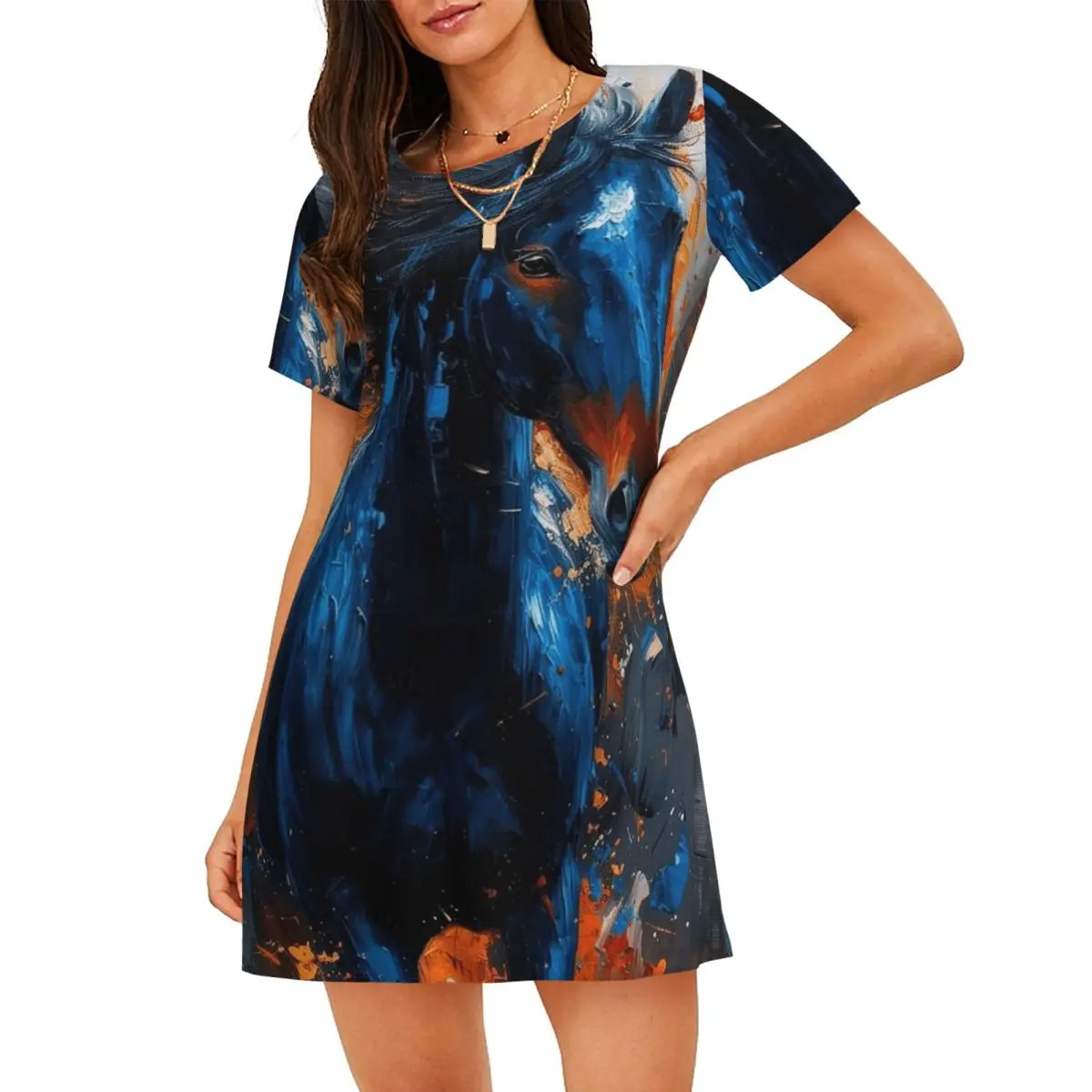 Wild Horse Oil Painting Colour Short Sleeves Nightdress For Sleeping Sleepshirts Women Short Sleeve Nightgowns Soft Pajama Dress
