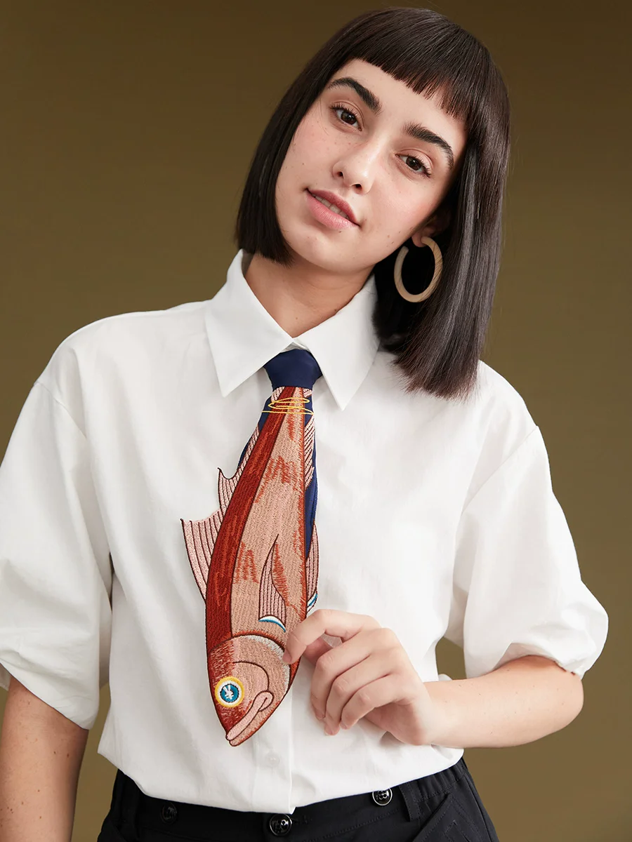 

Original Design Women Color Contrast Asymmetrical Playful Fish Embroidered Neck Tie