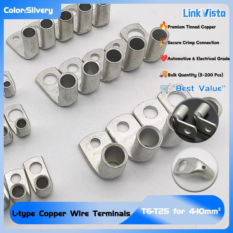 

Right Angle L-Type Cable Lugs, Tinned Copper Crimp Connector Terminals T6-T25 for 4-10mm² (5-200 Pcs)Connectors & Terminals