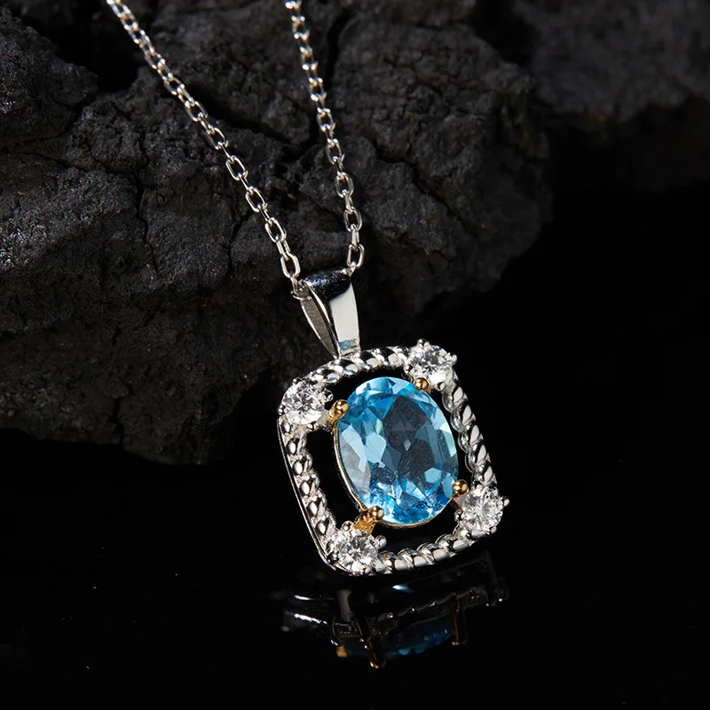 

S925Sterling Silver Inlaid Natural Topaz Gemstone Pendant Necklace for Women Fashionable Design Clavicle Chain