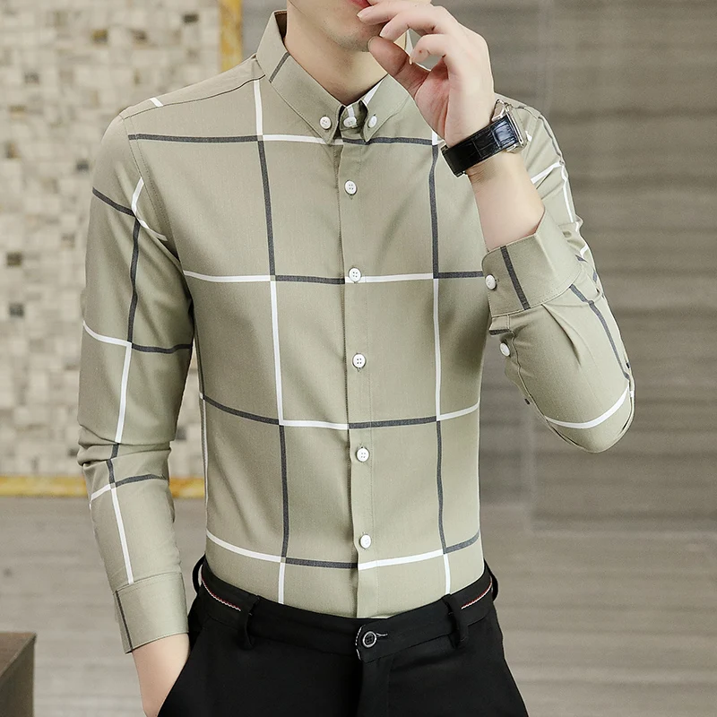 

Men's Long Sve irt Slim Fit Plaid Busin Casual Faionable Inner Wear Briti Sle Korean Version Spring Season Poly...