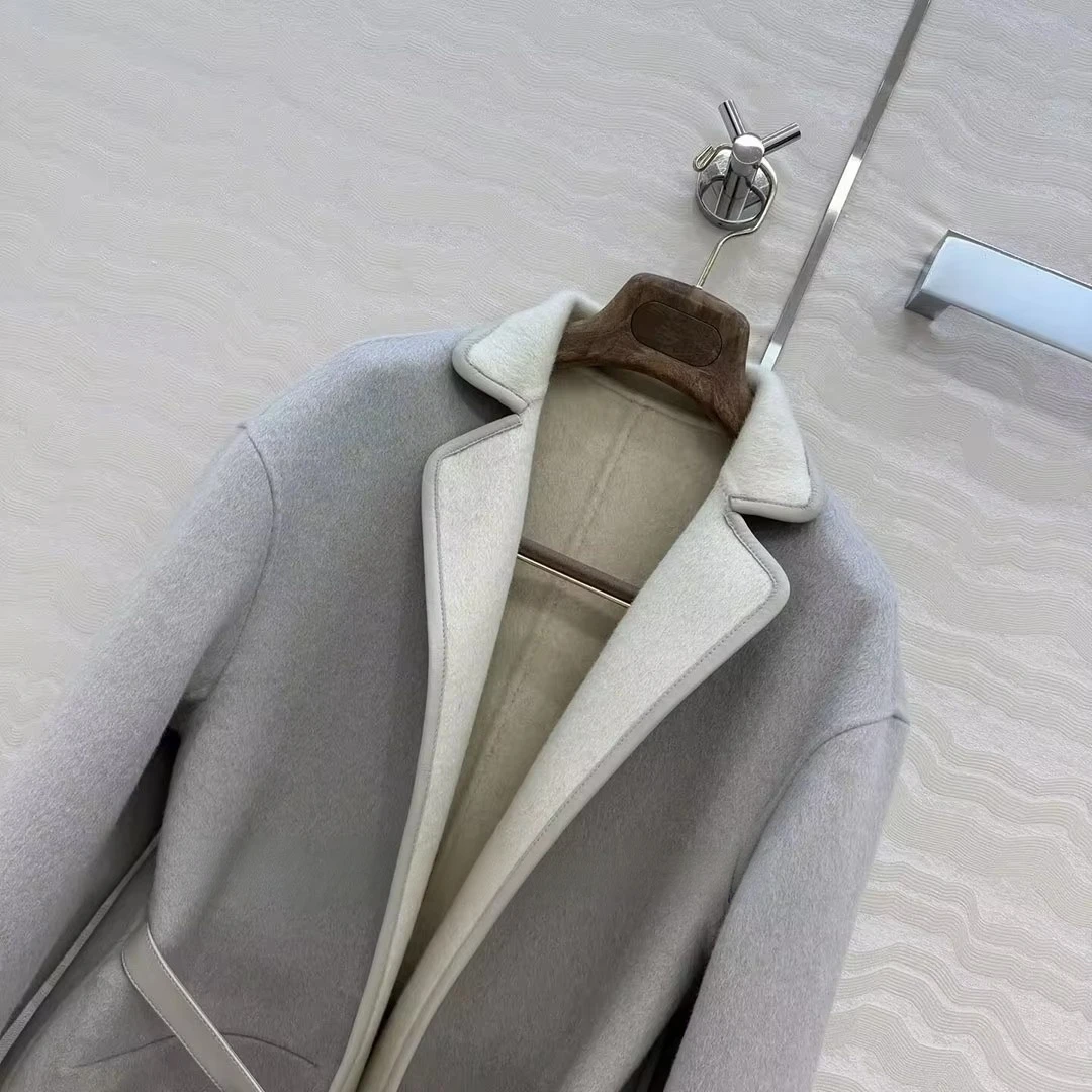 Luxury Winter Wool Cashmere Double-faced Reversible Wool Coat Women Lapel Long Sleeve Sheepskin Leather Belt Fashion Long Jacket
