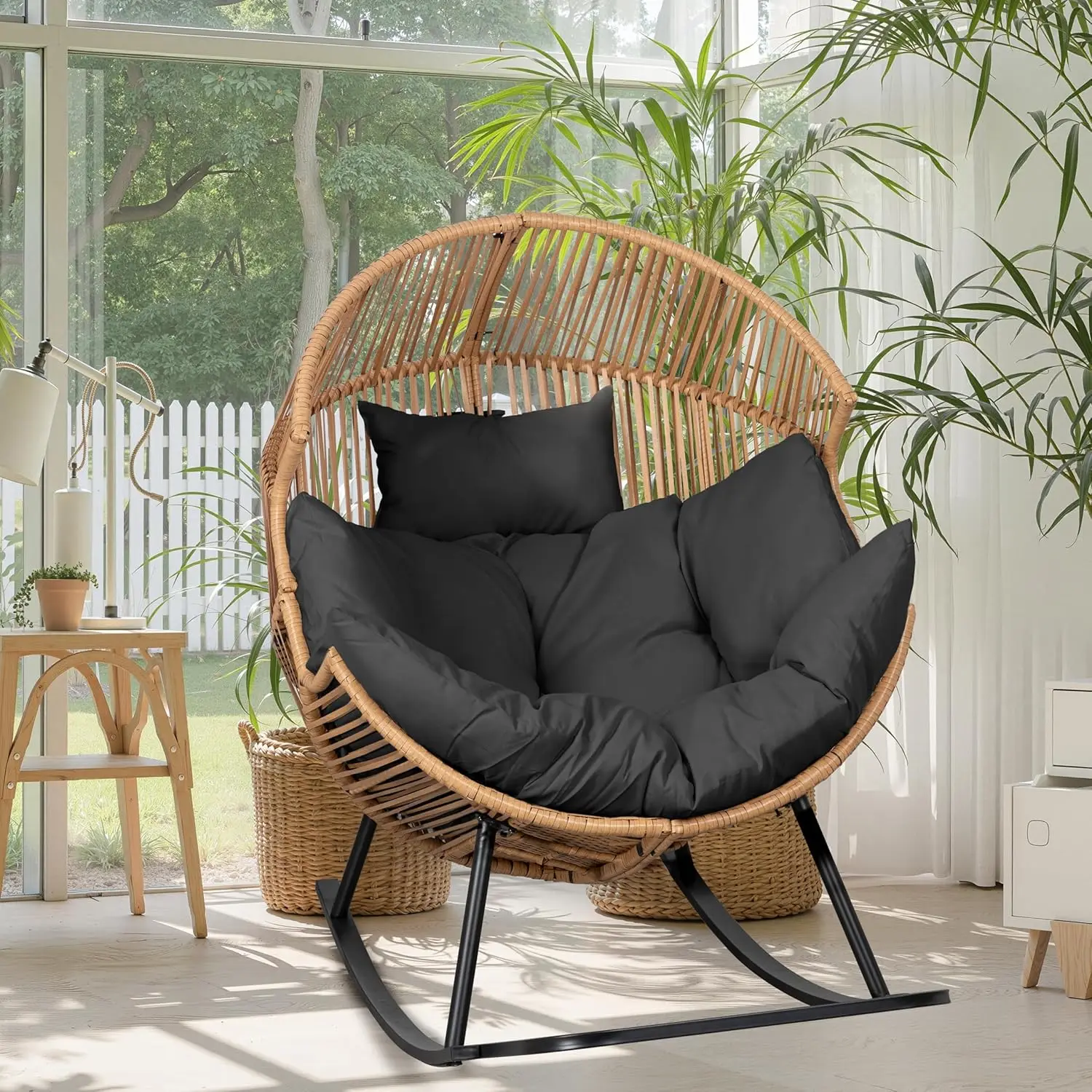 

Wicker Egg Chair - Rattan Rocking Chairs with Cushion, Indoor-Outdoor Lounge Egg Basket Seat Patio, Backyard (Grey/Beige)