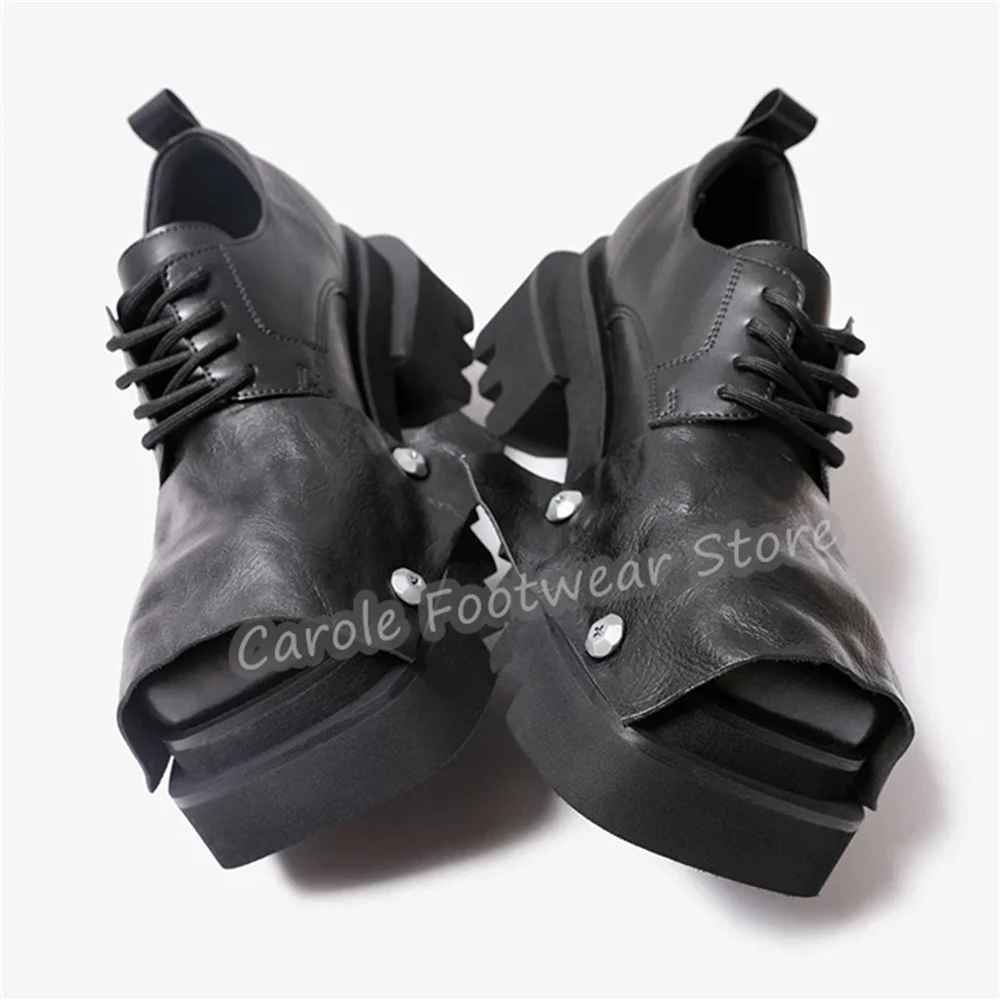 Fashion Square Toe Chunky Bottom Derby Shoes for Men Rivet Decor Lace-Up High Increasing Lace-Up Loafers Male Western Oxfords view 3