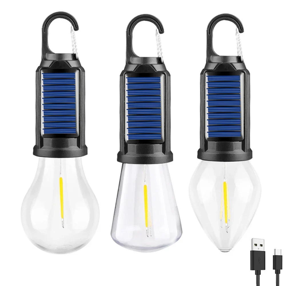 Solar Powered LED Camping Lamp with Hook Outdoor Tent Light USB Charging BBQ Atmosphere Light Waterproof for Outdoor BBQ Camping