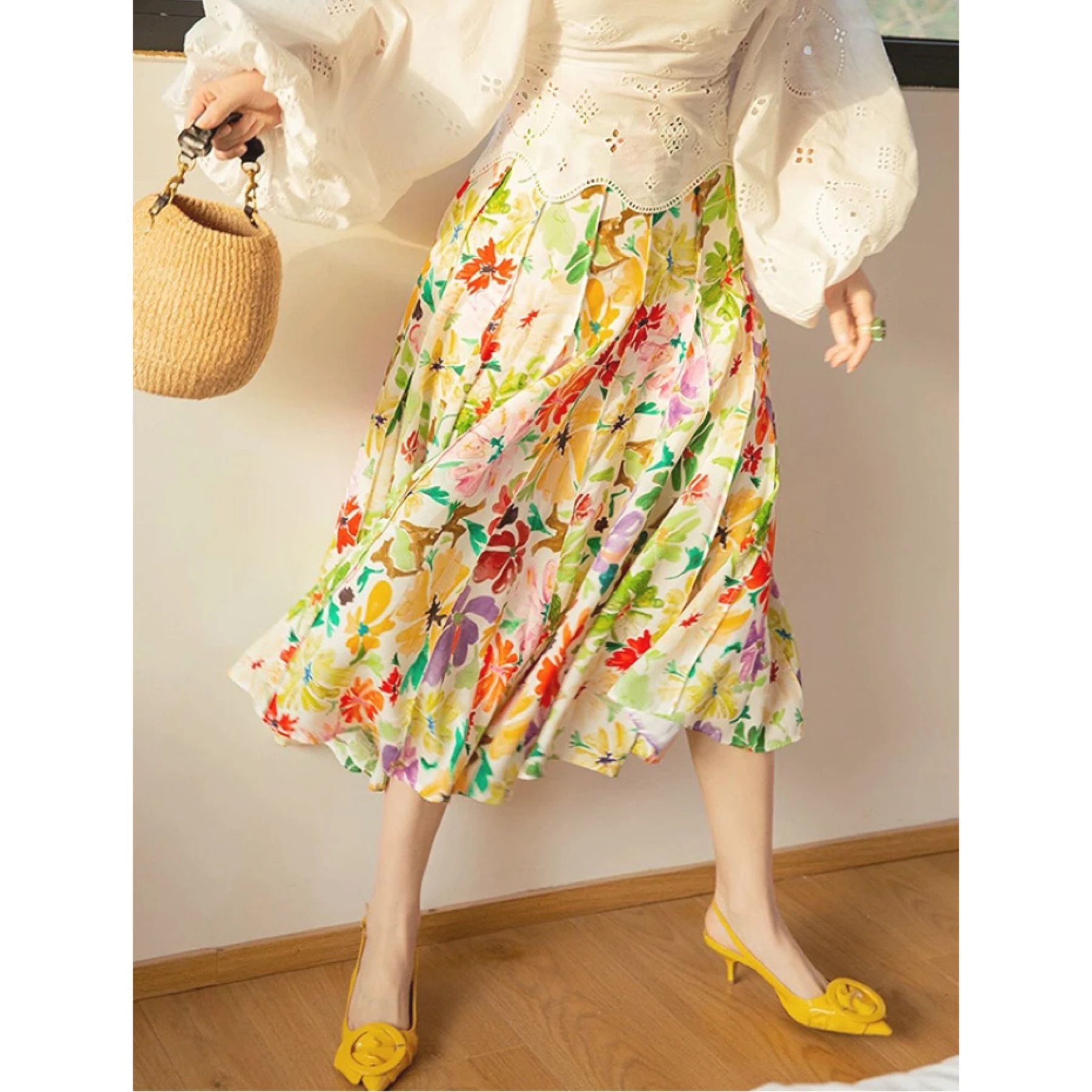 

Women Floral Print High Waist Pleated A-line Slim Fit Midi Skirt 2023 Summer New In