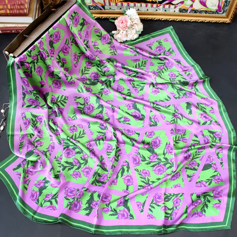 106×106cm 100% Mulberry Silk Satin Scarf For Women Luxury Brand Square Size Smooth Soft Travel Shawls And Wraps In Spring Autumn