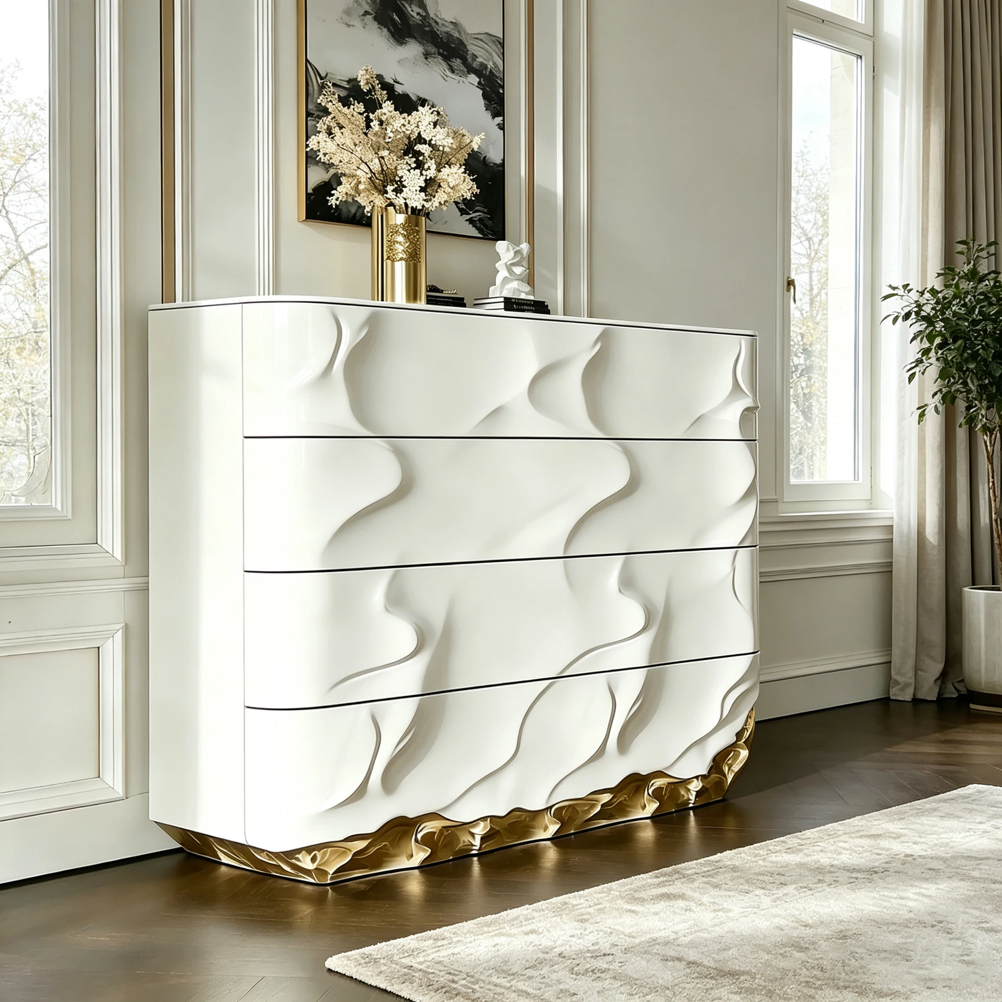 M*-Luxury 4 Drawer Wave Textured Dresser Gloss Surface Golden Ripple Frame Storage Chest For High End Residential