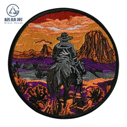 Western Cowboy Riding In the Sunset Embroidery Patches for Clothing Gobi Desert Sunset Scenery Tour Back Iron on Patches DIY