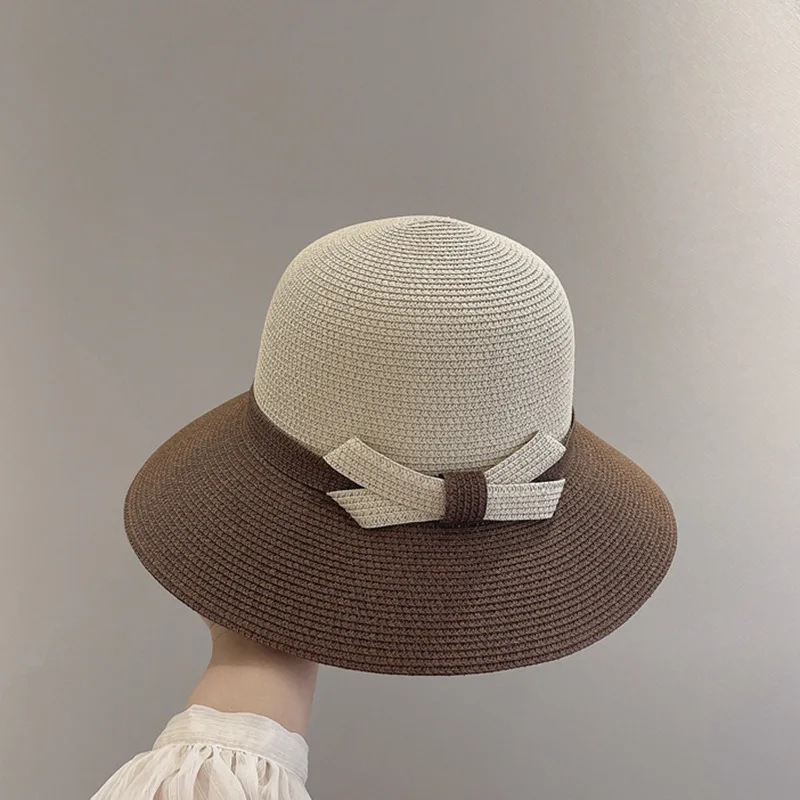 

Japanese bow straw hat women's summer outing wide eared sunblock beach hat seaside shade fisherman hat tide