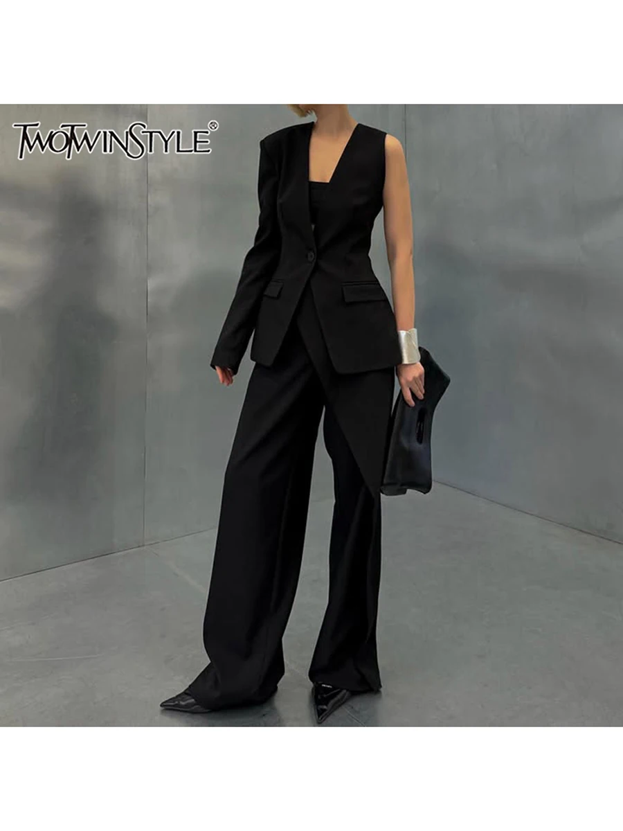 

TWOTWINSTYLE Solid Two Piece Set For Women V Neck Sleeveless Tunic Coat High Waist Temperament Pant Sets Female Fashion Style