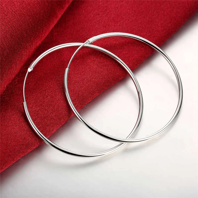 Round Circle 35/50/60mm Hoop Earrings Silver Color For Woman Wedding Engagement Party Fashion Charm Jewelry Gift