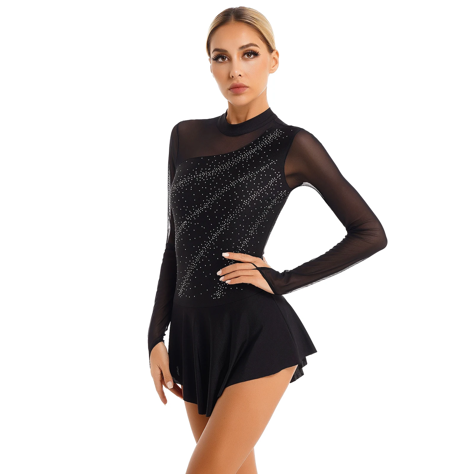 Mulheres vestidos de dança de patinação artística glitter rhinestone sheer malha retalhos manga longa collant vestido