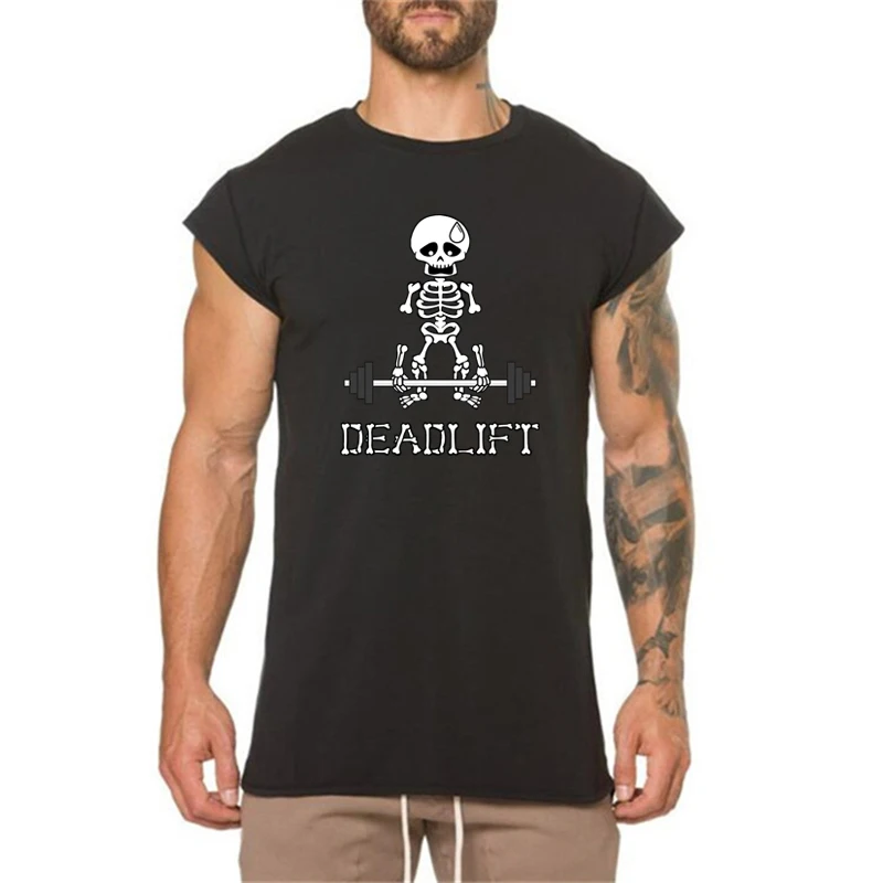 Human Skeleton Deadlift Barbell Gym Clothing Mens Bodybuilding Fitness Running Sport Shirt Cotton Small Sleeve Hip Hop T-shirt