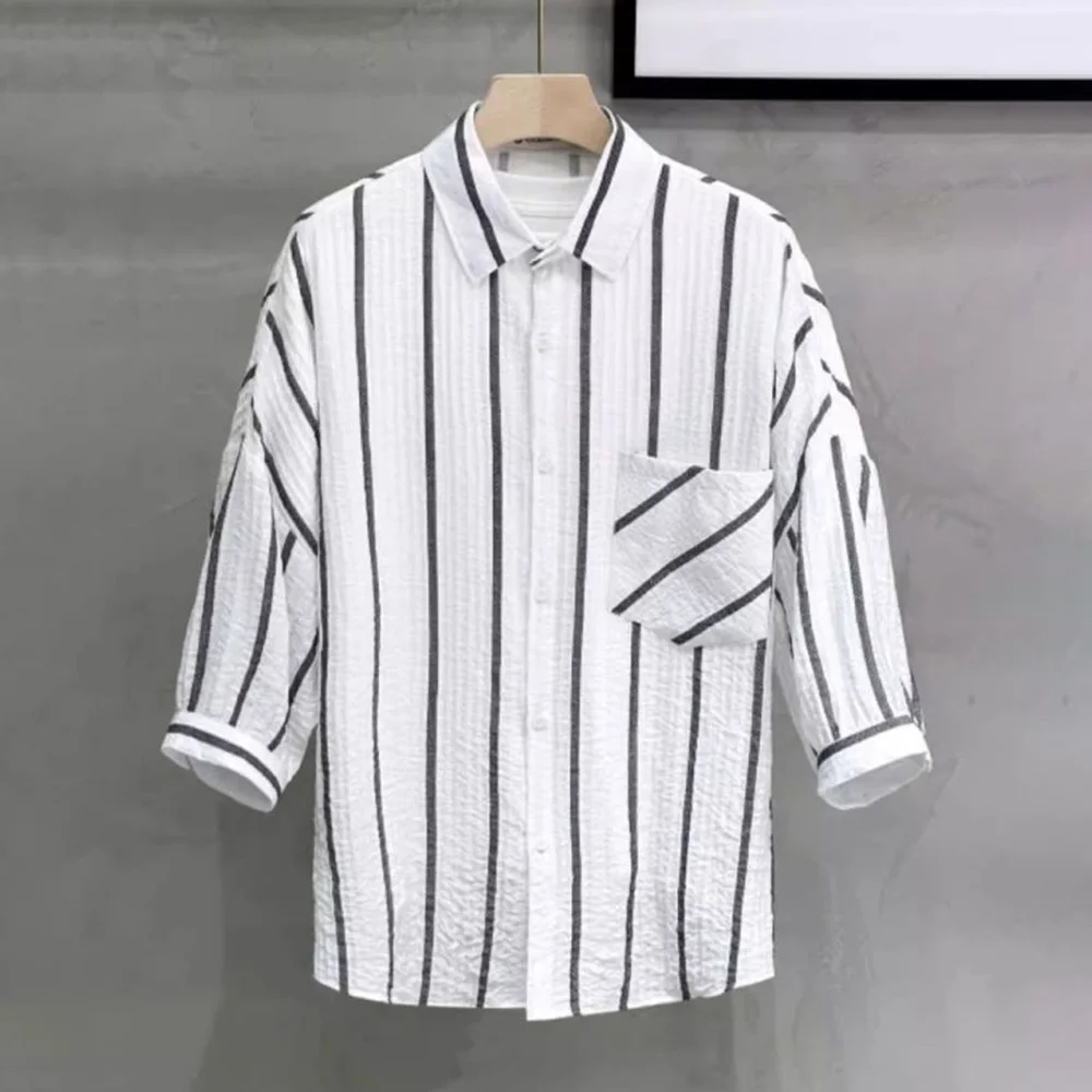 Mens Shirt Pocket Striped Long Sleeved Shirt Summer Ice Silk Casual Breathable Moisture Wicking Japanese Top Men's Clothing 2024