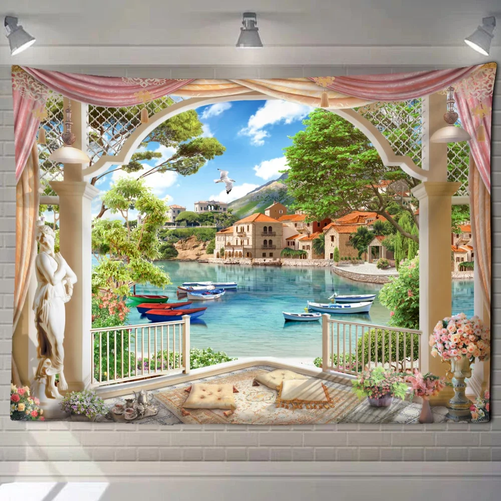 Tapiz artístico de ventana de imitación de paisaje de playa ecológico Natural, Fondo de pared, sala de estar estética, decoración del hogar