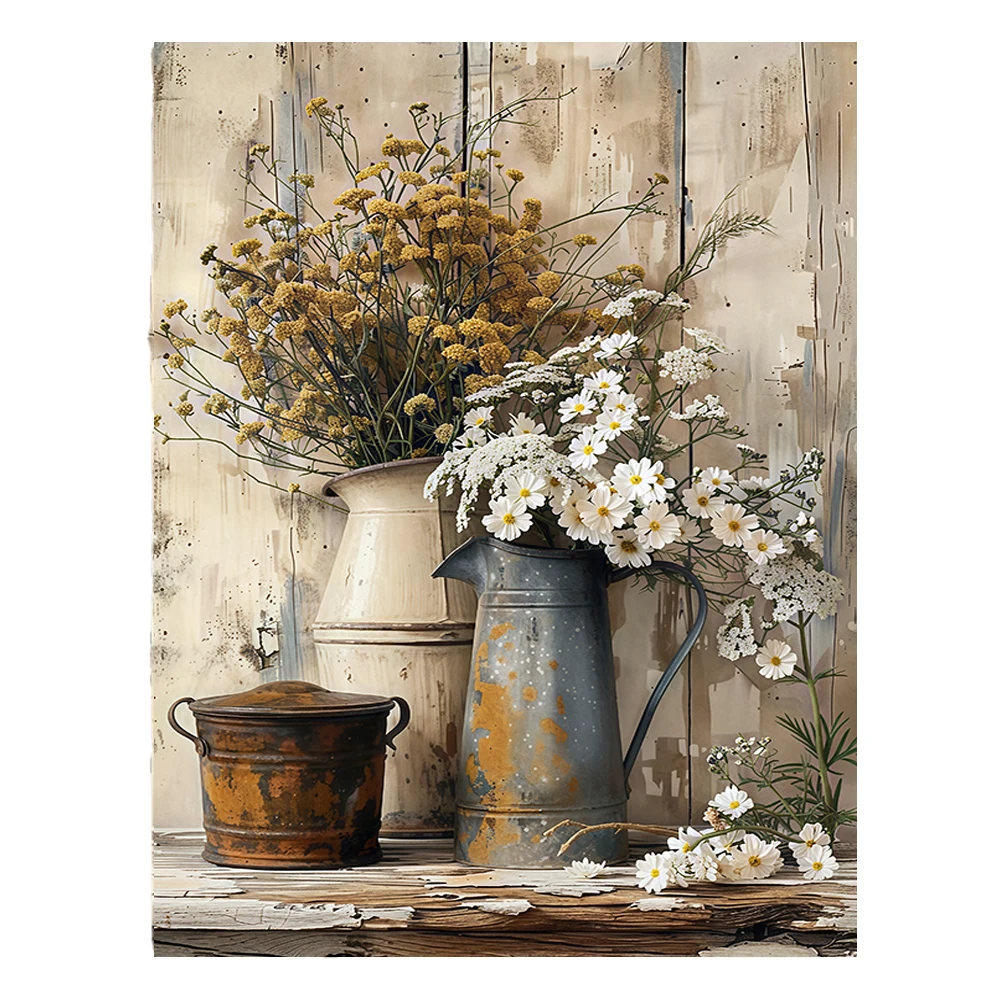 Charming Country-Style Canvas Art - Cream Yellow Wood Grain with White Jasmine & Rust Watering Can, Perfect for Living Room or B