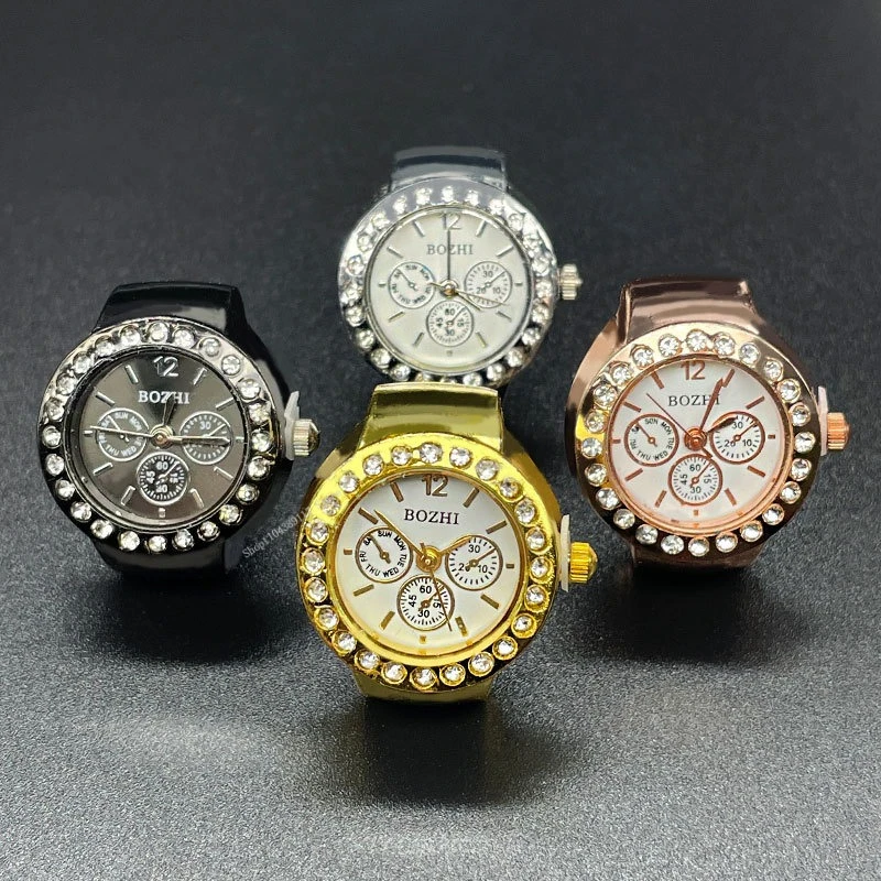 Creative Clock Shape Watches Rings Movement Quartz Rhinestone Decor Ring Watch Alloy Shell Finger Dial Couple Men and Women