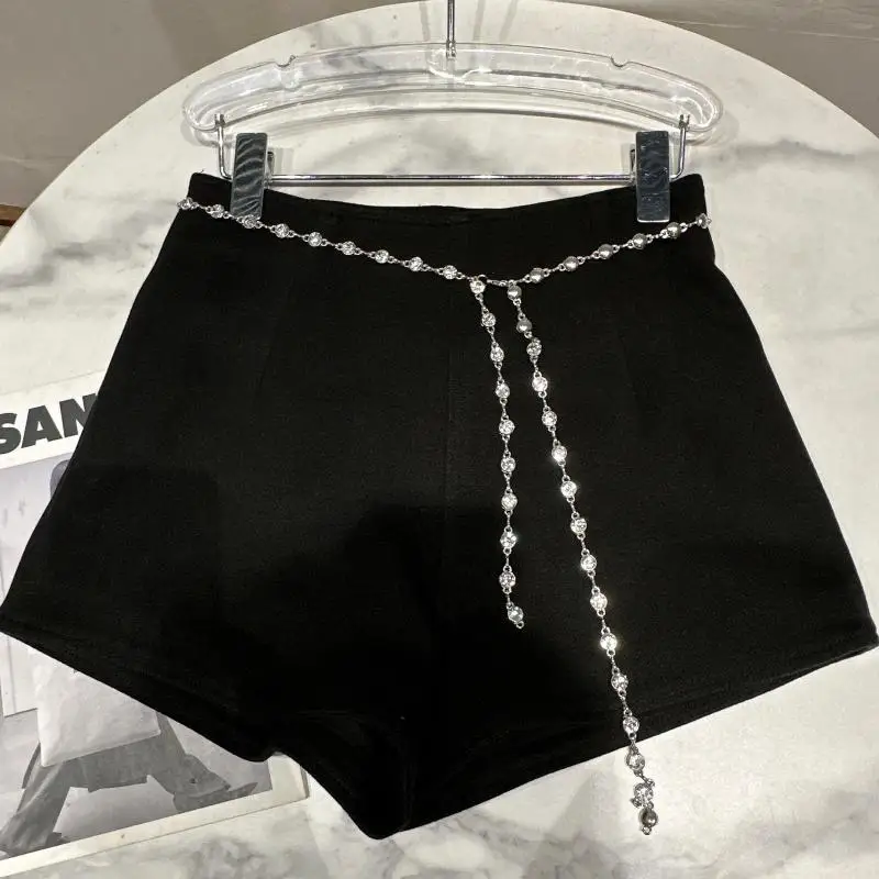  Winter New Sle Tee-Quarter Length Tweed orts for Women with Chain Diamond Waist Belt Ele Lady Pants