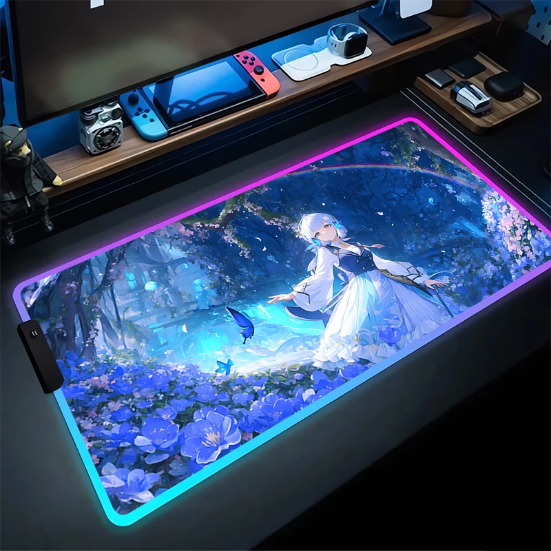 RGB Mouse Pad Kamisato Ayaka G-Genshin Impact Non-Slip Rubber Edge locking mousepads Game play mats notebook computer Home Decor