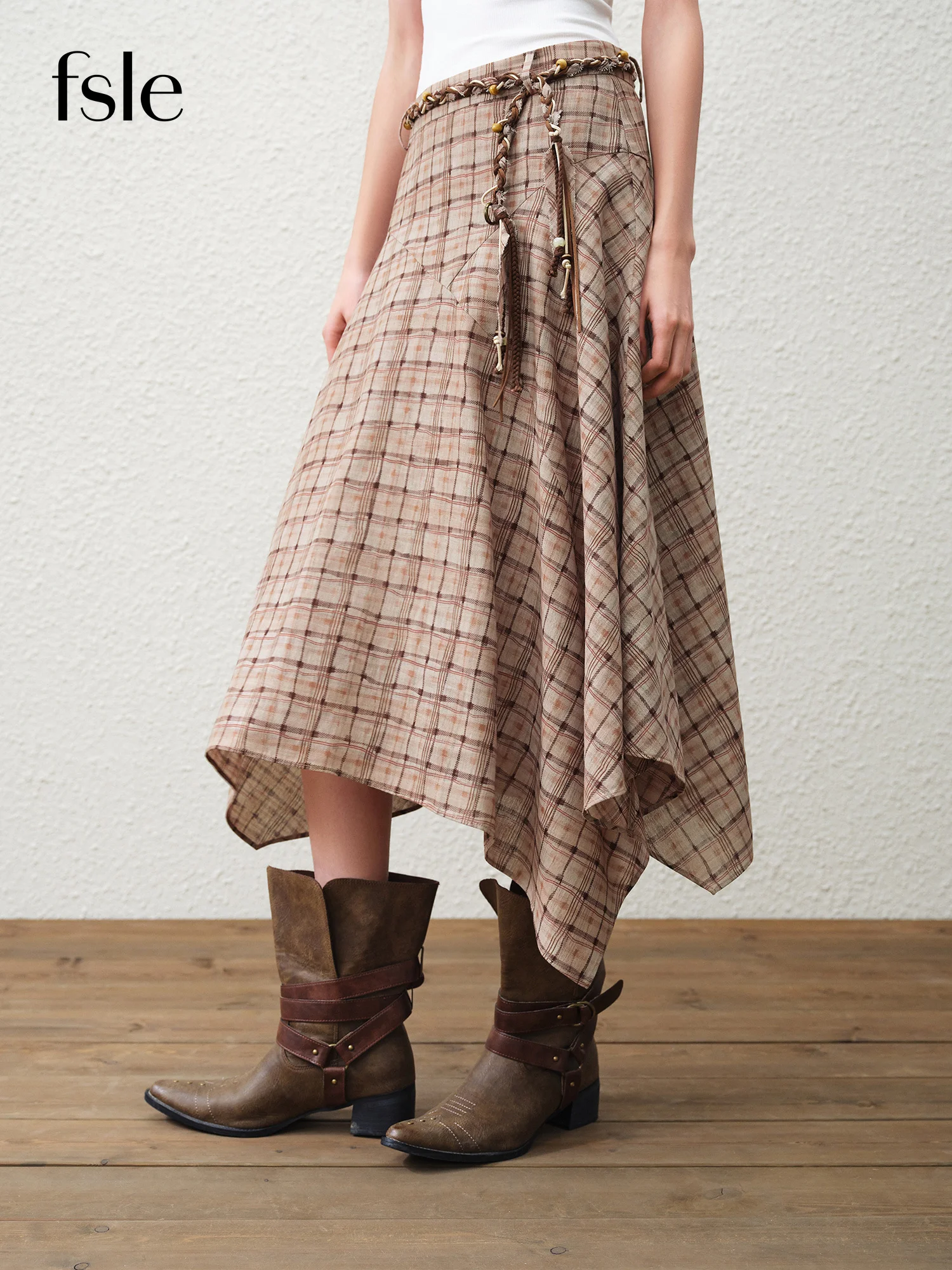 FSLE 【Premium Series】Retro Style Plaid A-line Skirt with Irregular Hem New Spring Style for Women 2026 Trendy